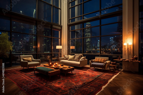 Loft living room with large window, elegant luxury modern home with large windows night lights