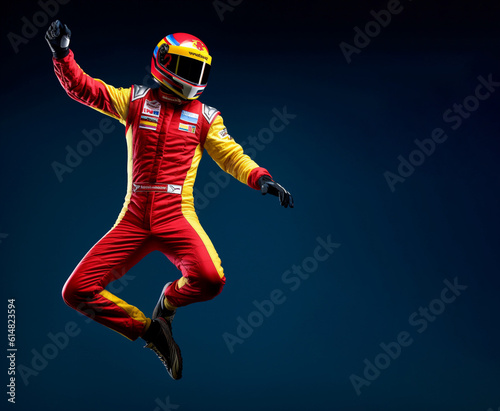 Motor sport driver jump celebrate on blue background, banner or card for car motorsport competition illustration