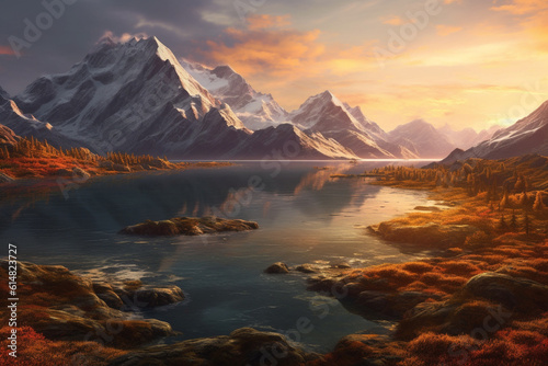  A breathtaking scene of a tranquil landscape featuring majestic mountains and an awe inspiring sunset, creating a sense of peace and beauty. Ai generated © dragomirescu