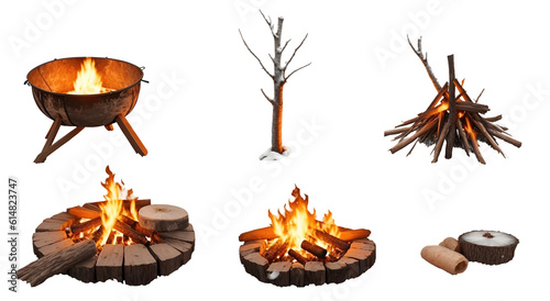 Set of wooden fireplace, burning bonfire travel collection isolated on transparent background. Generative AI