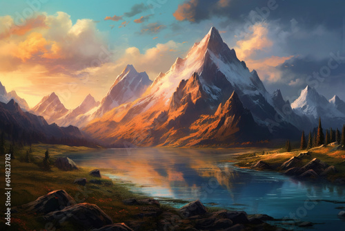  A breathtaking scene of a tranquil landscape featuring majestic mountains and an awe inspiring sunset, creating a sense of peace and beauty. Ai generated © dragomirescu