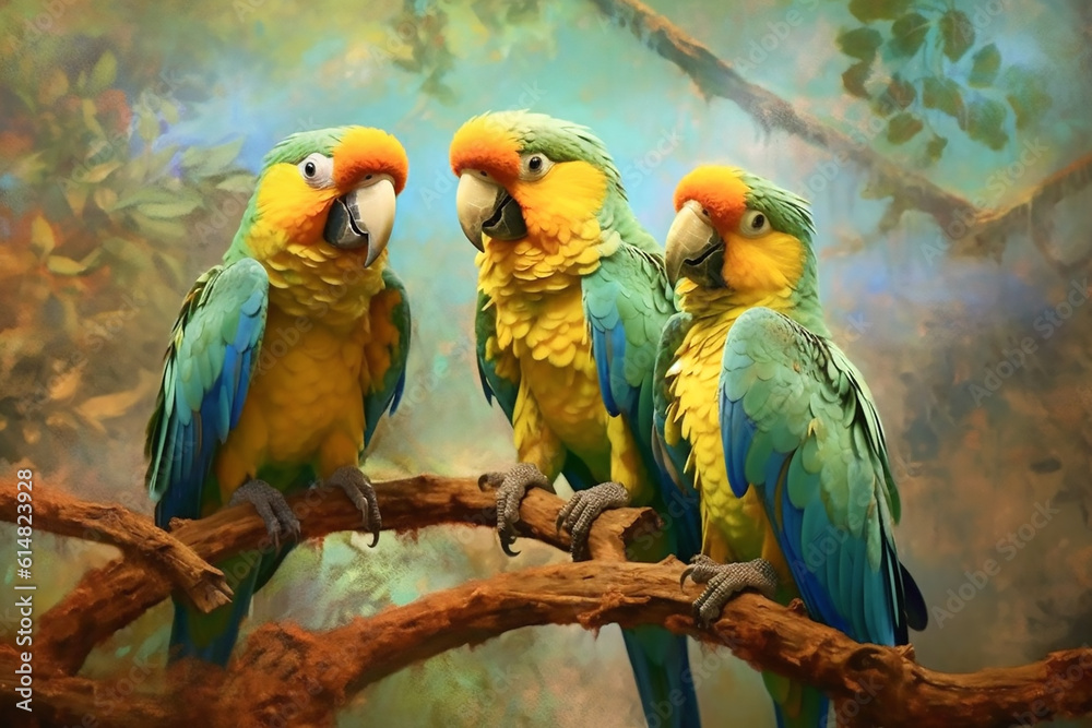 Three colorful parrots sit on a branch. Generative AI