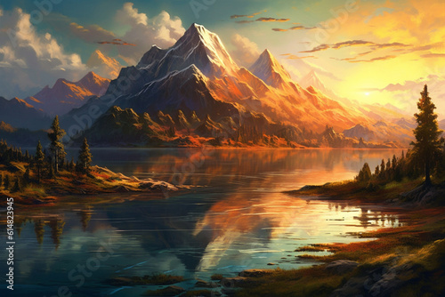  A breathtaking scene of a tranquil landscape featuring majestic mountains and an awe inspiring sunset, creating a sense of peace and beauty. Ai generated