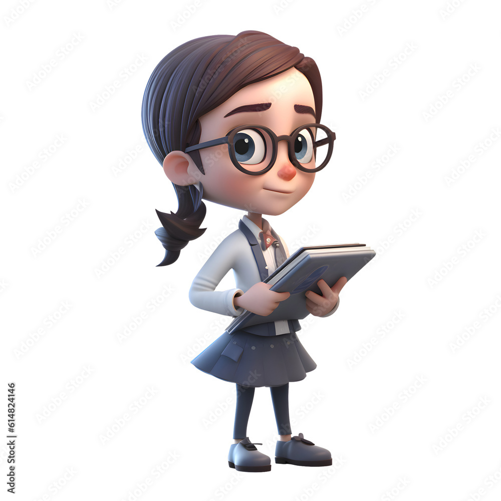 Girl with glasses reading a book. White background. Isolated.