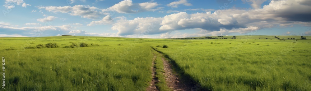 path meanders through a vast, grassy flat field, inviting exploration and contemplation. The vibrant green grass stretches as far as the eye can see, swaying gently in the breeze.