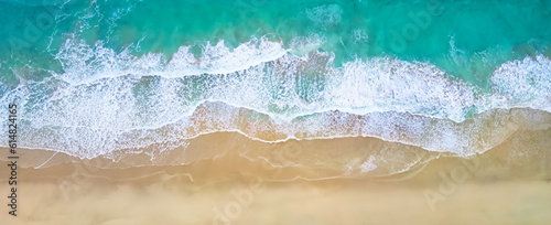 Top view aerial image from drone of an stunning beautiful sea landscape beach with turquoise water with copy space for your text.Beautiful Sand beach with turquoise water,aerial UAV drone shot