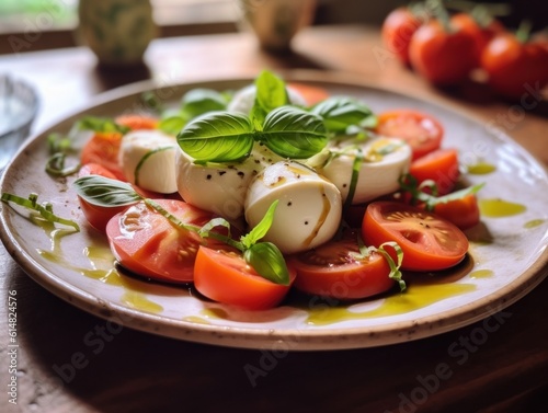 an Insalata Caprese plated neatly on a white ceramic plate with a vibrant green basil leaf on top