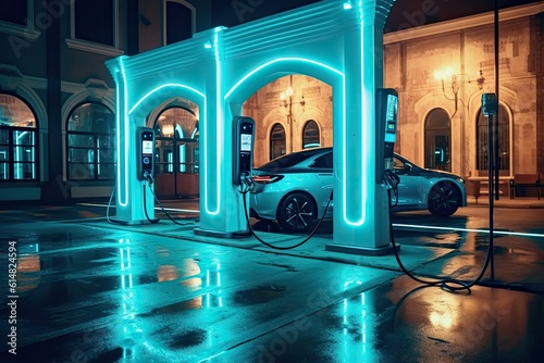 Electric vehicle charging station in the evening - made with Generative Ai