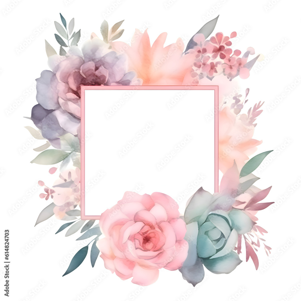 Watercolor floral frame with roses and succulents. Hand painted illustration.