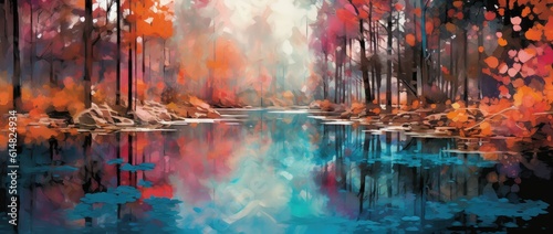 The vibrant colors bring the forest to life, with various shades of green blending harmoniously. In the foreground, a calm body of water reflects the surrounding trees, adding a sense of tranquility t