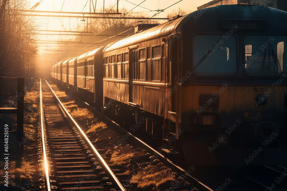 Fototapeta premium A nostalgic scene of a timeless and vintage train wagon against the backdrop of a captivating sunset, evoking a sense of nostalgia and tranquility. Ai generated