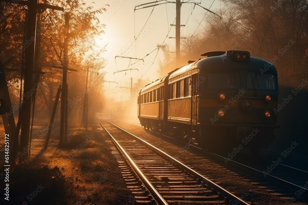 Fototapeta premium A nostalgic scene of a timeless and vintage train wagon against the backdrop of a captivating sunset, evoking a sense of nostalgia and tranquility. Ai generated