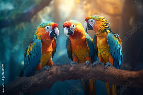 Three colorful parrots sit on a branch. Generative AI