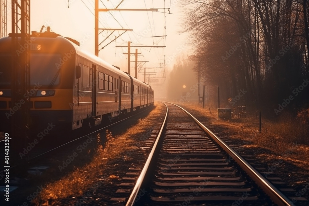 Obraz premium A nostalgic scene of a timeless and vintage train wagon against the backdrop of a captivating sunset, evoking a sense of nostalgia and tranquility. Ai generated