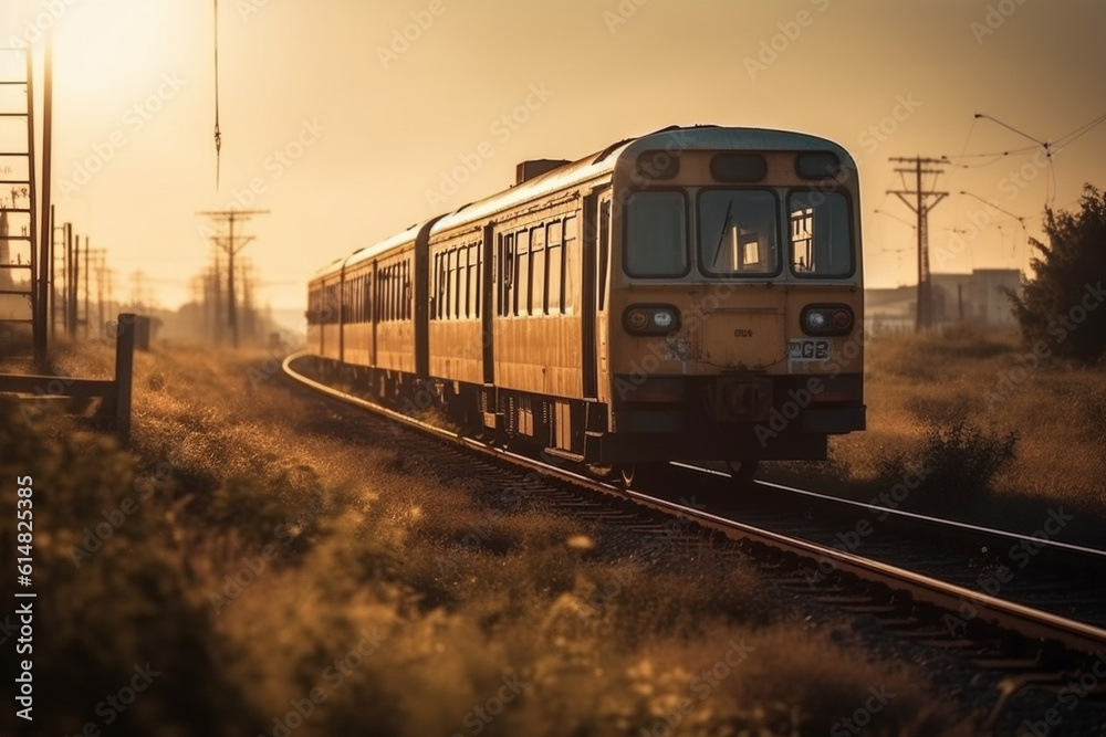 Fototapeta premium A nostalgic scene of a timeless and vintage train wagon against the backdrop of a captivating sunset, evoking a sense of nostalgia and tranquility. Ai generated