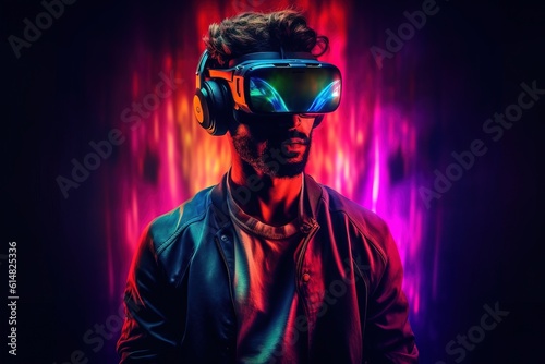 Metaverse technology concept. Man with VR virtual reality goggles. Generative ai image.