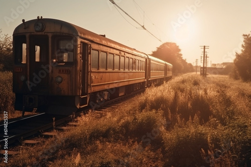 A nostalgic scene of a timeless and vintage train wagon against the backdrop of a captivating sunset, evoking a sense of nostalgia and tranquility. Ai generated
