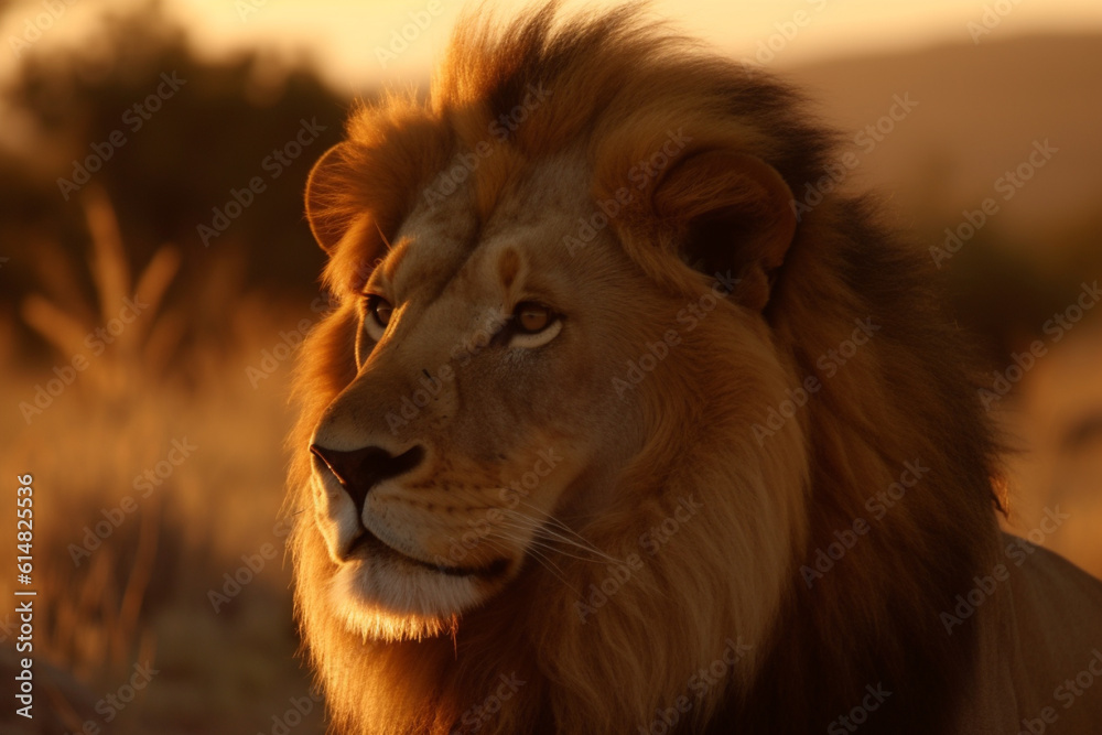 An awe inspiring sight of a massive lion majestically roaming the vast African savannah during the golden hues of sunset, showcasing the wild beauty of nature. Ai generated