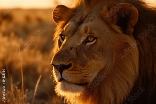 An awe inspiring sight of a massive lion majestically roaming the vast African savannah during the golden hues of sunset  showcasing the wild beauty of nature. Ai generated