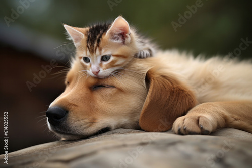 A cat and a dog share a moment of happiness and trust, proving that true friendship knows no bounds. AI Generative.