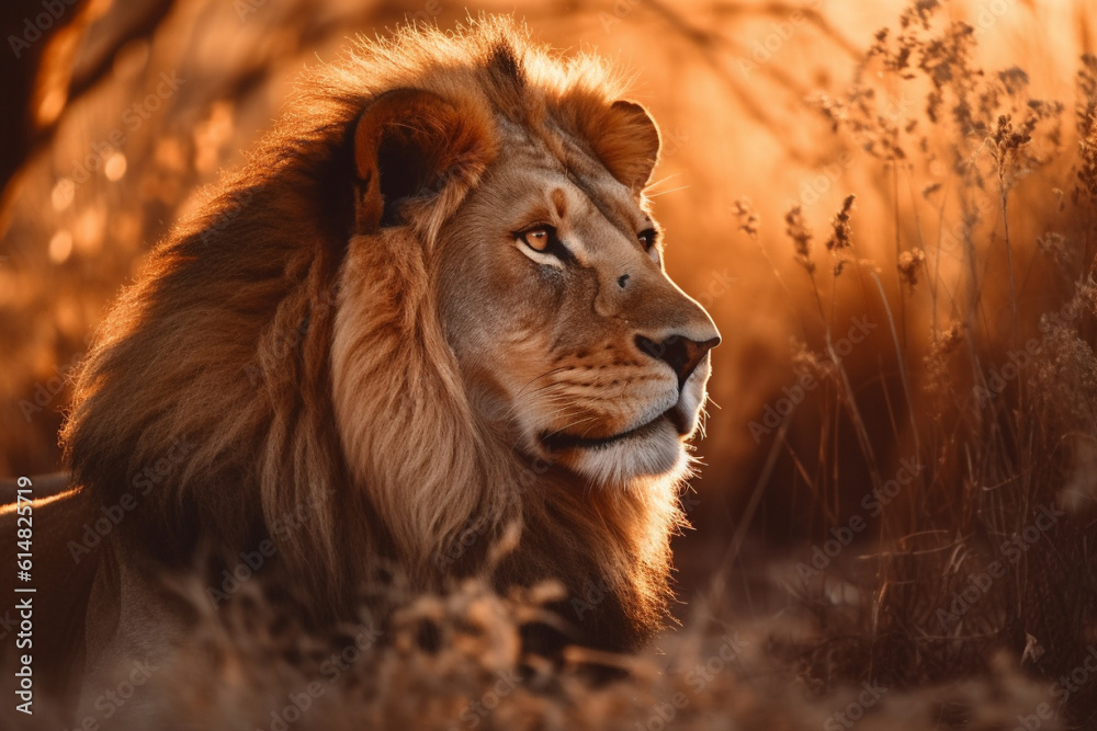 Fototapeta premium An awe inspiring sight of a massive lion majestically roaming the vast African savannah during the golden hues of sunset, showcasing the wild beauty of nature. Ai generated