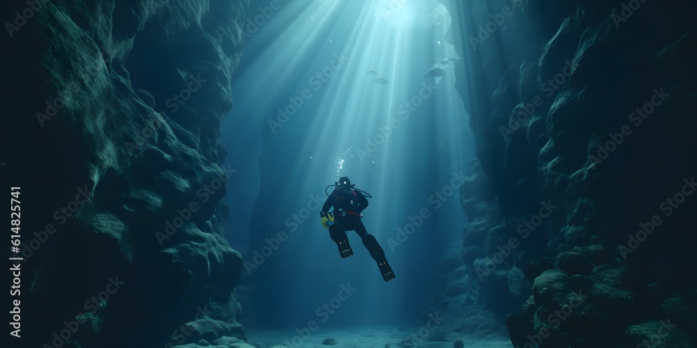 Scuba deep sea diver swimming in a deep ocean cavern . Underwater exploration. Into the abyss Scuba deep sea diver swimming in a deep ocean cavern . Underwater exploration. Into the abyss