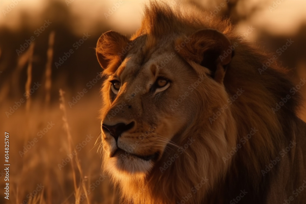 Obraz premium An awe inspiring sight of a massive lion majestically roaming the vast African savannah during the golden hues of sunset, showcasing the wild beauty of nature. Ai generated