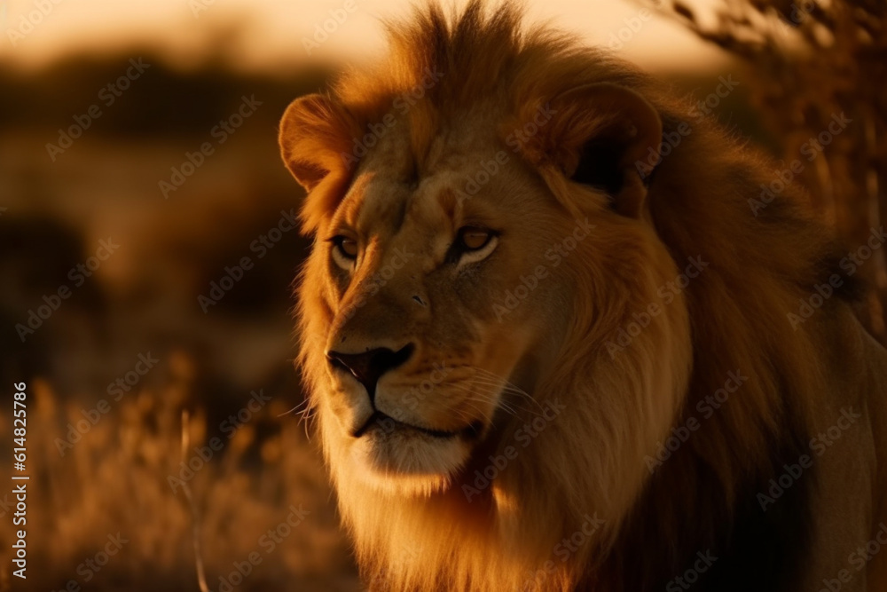 An awe inspiring sight of a massive lion majestically roaming the vast African savannah during the golden hues of sunset, showcasing the wild beauty of nature. Ai generated An awe inspiring sight of a massive lion majestically roaming the vast African savannah during the golden hues of sunset, showcasing the wild beauty of nature. Ai generated