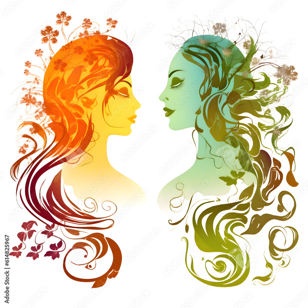 Silhouettes of women with floral hairstyle. Vector illustration.