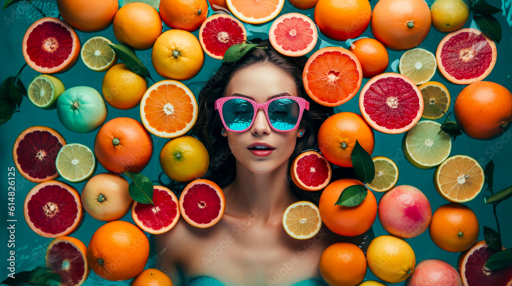 Beautiful Girl Floating On Water With Fresh Tropical Fruits. Resort, spa concept. Generative AI. Beautiful Girl Floating On Water With Fresh Tropical Fruits. Resort, spa concept. Generative AI.