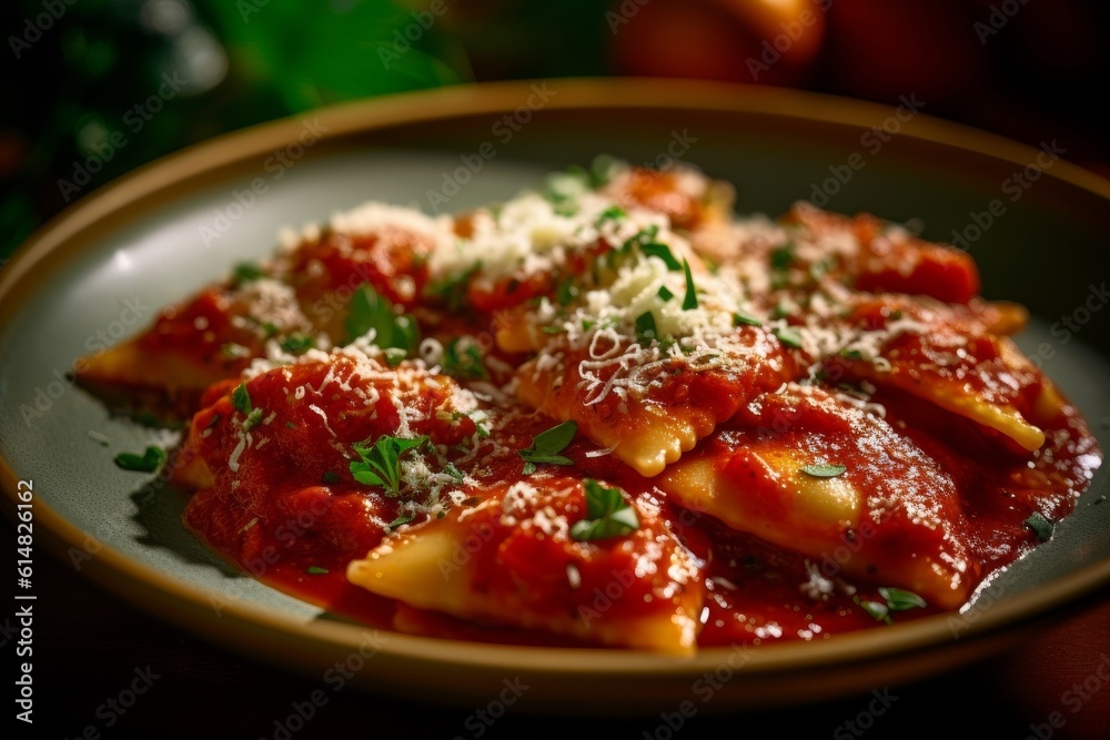 ravioli with a rich tomato sauce and a finely chopped garlic, herbs, and onion mixture