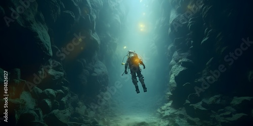 Scuba deep sea diver swimming in a deep ocean cavern . Underwater exploration. Into the abyss © Jing