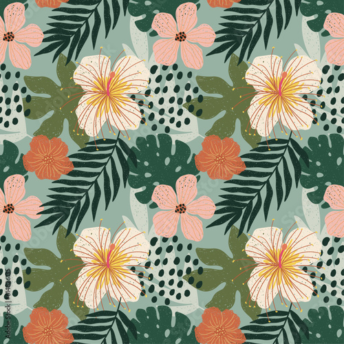 Vector abstract cute hand drawn illustration with palm leaves, hibiscus flowers. The pattern is great for fabric, wallpaper, wrapping paper, postcard, layout.