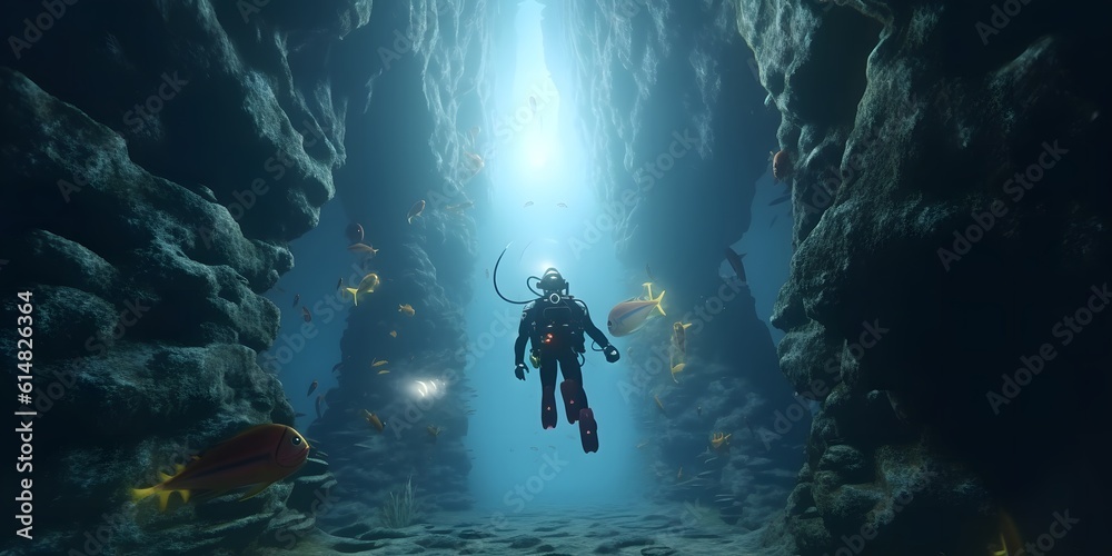 Scuba deep sea diver swimming in a deep ocean cavern . Underwater exploration. Into the abyss