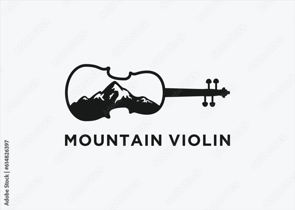 violin with mountain logo design vector silhouette illustration