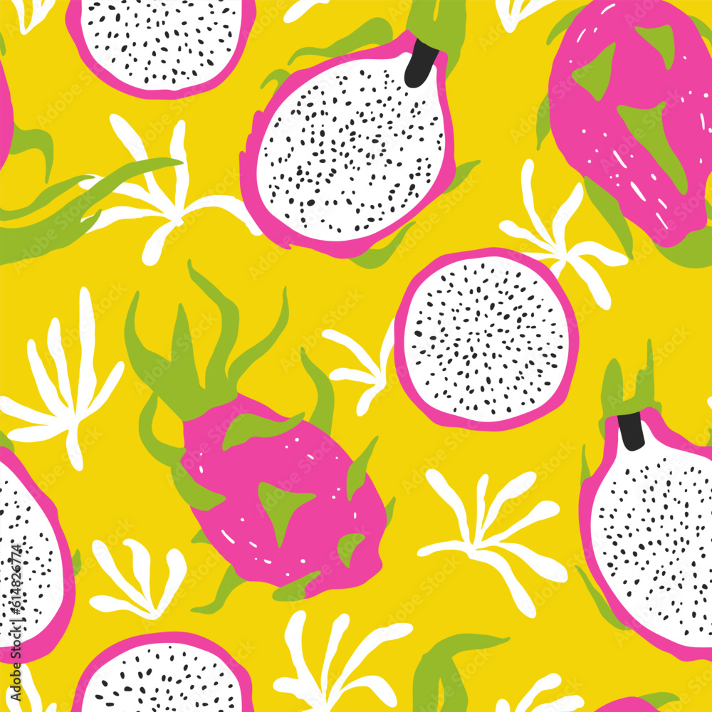 Bright summer seamless pattern with dragon fruits Bright summer seamless pattern with dragon fruits