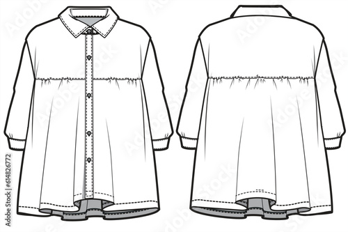 Girls Denim Shirt Dress, Collared Empire Line Gathered Button Down Shirt Dress Fashion Flat Sketch Vector Illustration, CAD, Technical Drawing, Flat Drawing, Template, Mockup.