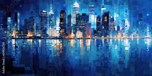 The city skyline comes alive with a stunning display of blue lights reflecting on the water.