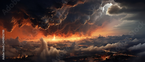 Apocalypse global event. Global warming  climate change seen in clouds, sky, and earth. © Andrei