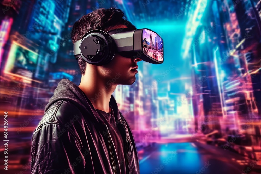 Modern man face in virtual reality glasses isolated on neon background AI Modern man face in virtual reality glasses isolated on neon background AI