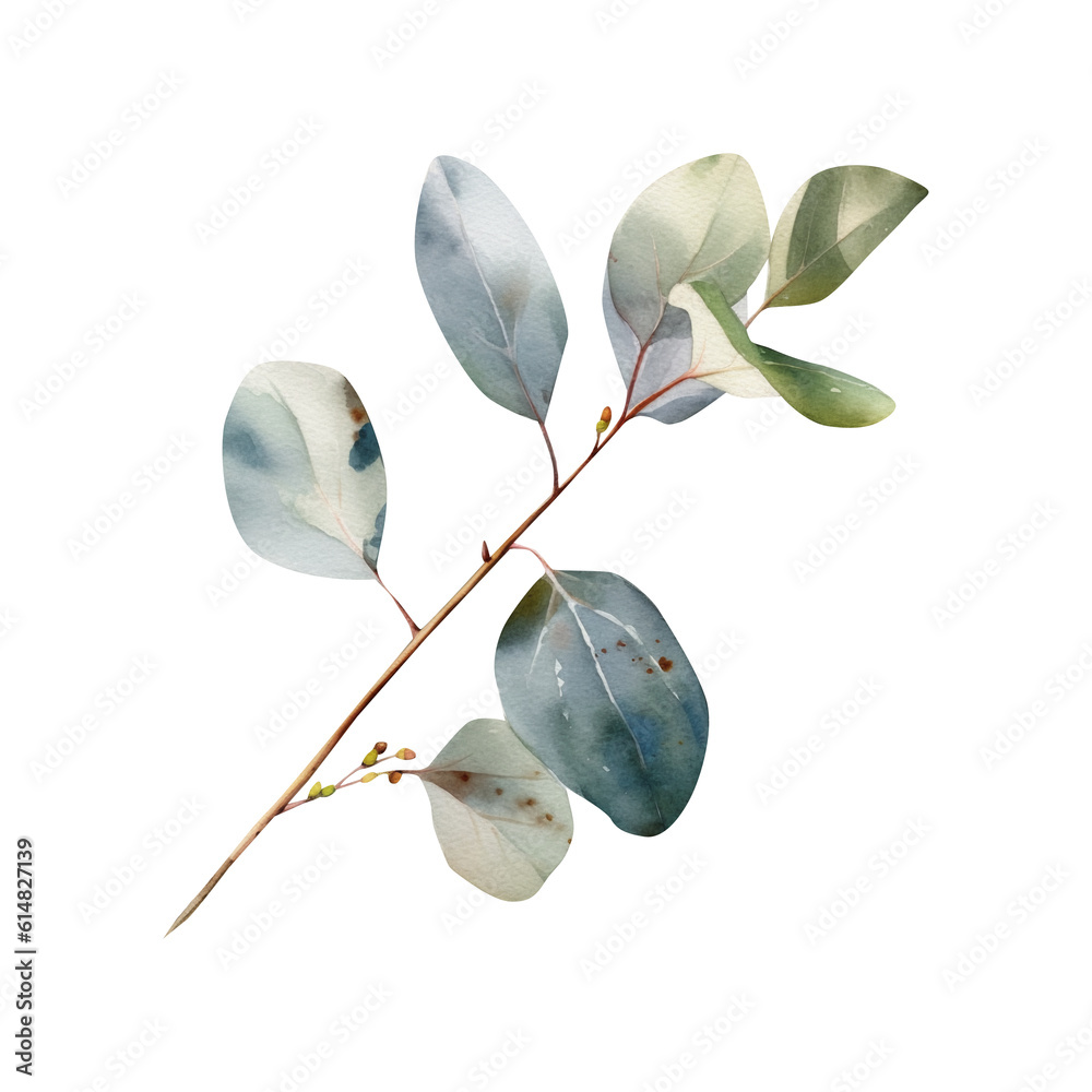 Watercolor eucalyptus leaf, greenery herbal image, Generative AI, png image.