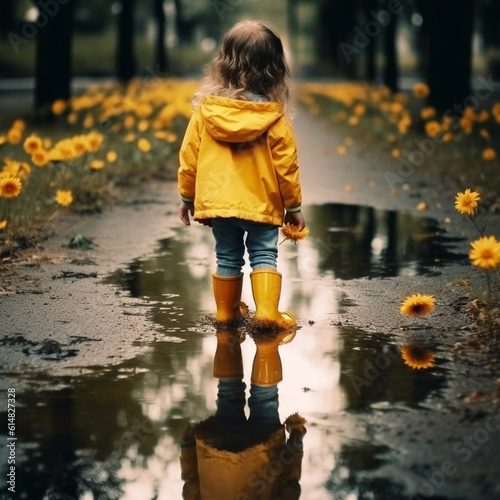 image of a little child playing in a puddle, back to the viewer, with flowers and flower petals around