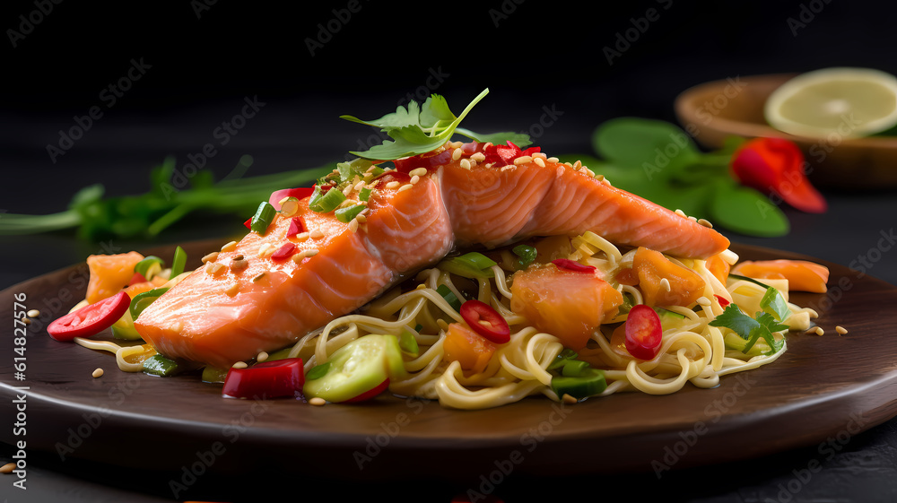 Thai noodles with poached salmon-Generative AI