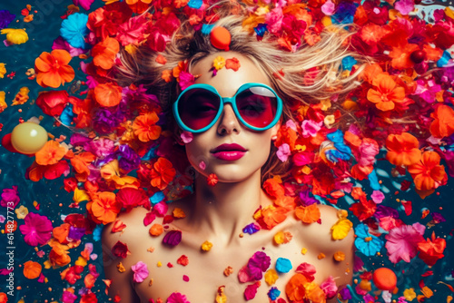 portrait of beauty girl in sunglasses swimming in pool surrounded by petals of flowers. resort concept. generative AI