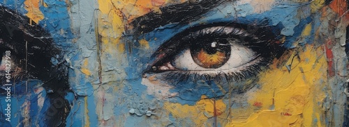 abstract painting features a close up to the eyes, each uniquely expressed with vibrant blue, pink, and yellow paint.