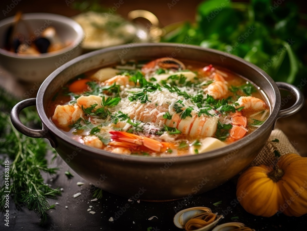 Zuppa di Pesce with various seafood ingredients and garnished with fresh herbs