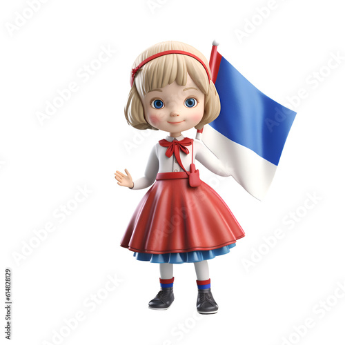 3d illustration of a cute little girl holding a france flag