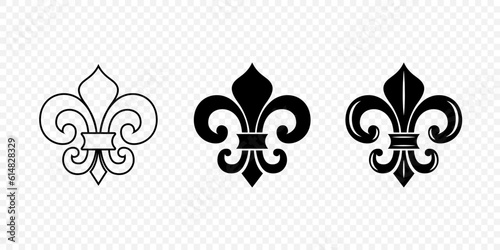 Vector Vintage White and Black Fleur De Lis Icon Set Isolated. Heraldic Lily, Retro Design Element. Vector Illustration