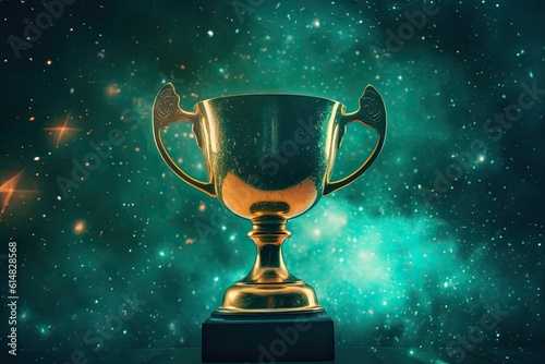  Gold trophy cup gleams with pride as it takes center stage against a vibrant green background adorned with twinkling stars. © Photo And Art Panda