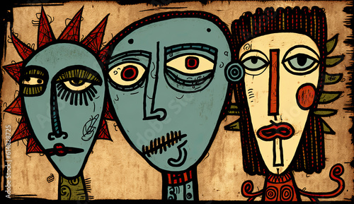 Generative AI illustration of art brut style image of groups of very stylized faces and people
